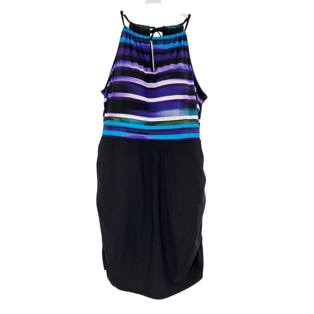 Multicolored Striped Halterneck Ruched Sides Swimdress Women's Plus Size 2XL